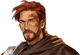 Azune from the shoulders up. A tan-skinned human with red hair parted to the right, a short neat beard, and a large red birthmark on the left side of his face. He wears a brown cape over bright silver armor. He looks into the distance.