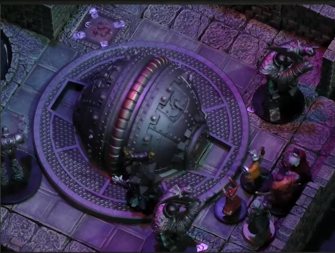 An image of a battlemap focusing on a dome-like metal structure. The party stands in front of it, with two large hostile metal constructs on either side.