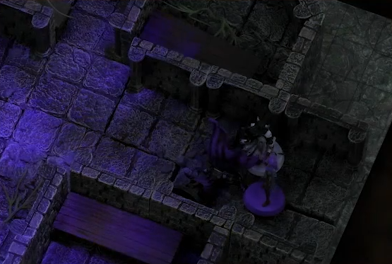 A battlemap focused on a narrow stone hallway. Imogen and Braius stand next to Ludinus, whose miniature is laying on its side.