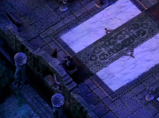 A battlemap of a stone palace focused on the entryway and marble floor behind it. The entryway is framed by two stone pillars bearing carvings of griffins and topped with large spherical crystals. Primus Tachonis stands just inside the entrance over a fallen guard.