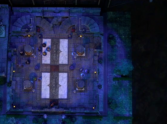 A top-down view of a battlemap of a stone palace split into two levels, surrounded by a courtyard. Downstairs is a marble floor, marble pillars, and twin staircases curving up on either side of a large robed statue holding a lantern and open book. A number of people are scattered throughout the downstairs space. The edge of the upstairs space is just visible at the left side of the image. Two black-clothed individuals stand outside the entrance to the palace next to two pillars topped with large spherical crystals.