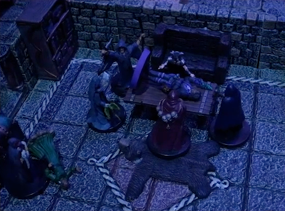 A battlemap of a stone palace room focused on Occtis laying on a wooden table. A number of dark-robed individuals including Ethrand Tachonis surround him. Aranessa lays on the ground by the door, next to another robed individual. A bearskin rug is in the center of the room, and a wooden bench is next to the table.