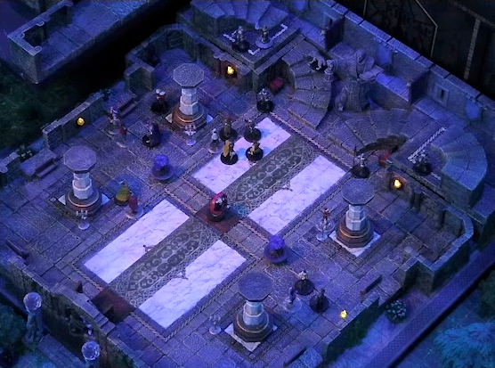 A battlemap of a stone palace split into two levels. Downstairs is a marble floor, marble pillars, and twin staircases curving up on either side of a large robed statue holding a lantern and open book. A number of people are scattered throughout the downstairs space, including Primus Tachonis in the center of the floor with a status ring on him. Thaisha in wolf form runs up the left staircase. The edge of the upstairs space is just visible at the left side of the image. The entrance to the palace is framed by two pillars topped with large spherical crystals.