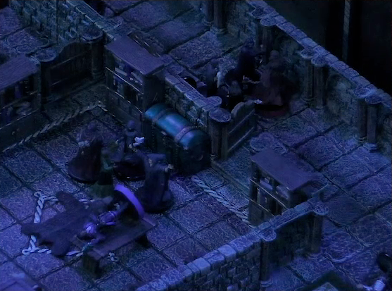 A battlemap of a stone palace upper floor. Occtis lays on a wooden table in a small room with a bearskin rug and balcony. A number of robed individuals are nearby fighting Aranessa. Thaisha stands outside in the hallway, facing off against more robed individuals. A fallen guard is outside the room, down the hall.