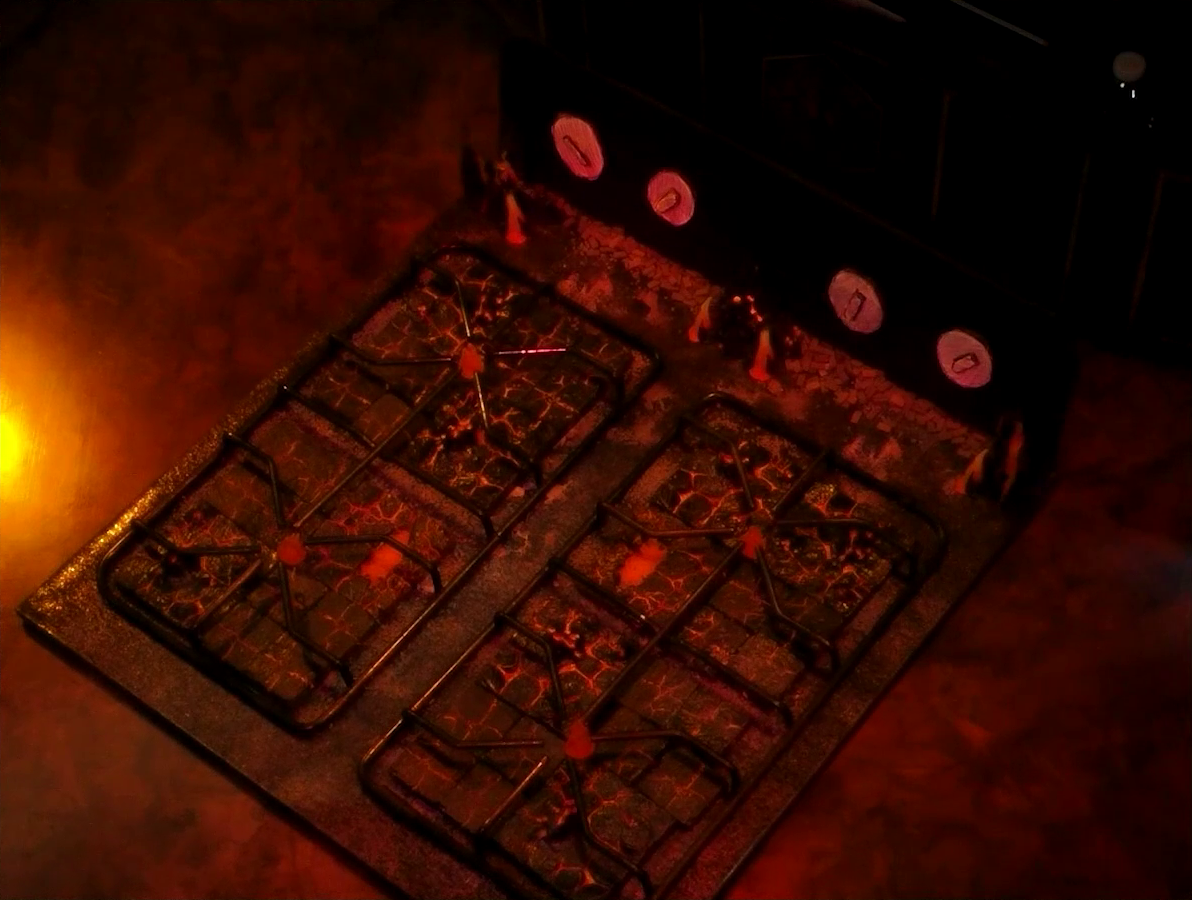 A battlemap that looks like a stovetop. Small flames sprout from each of the four burners and four knobs are on the back panel. The base of the battlemap looks like magma and the scene is bathed in red light.