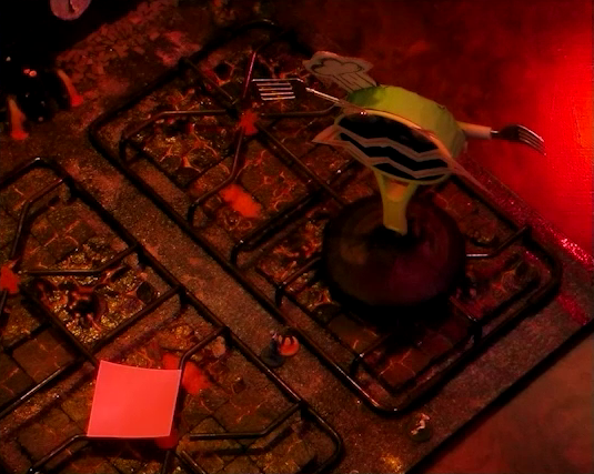 A battlemap that looks like a stovetop. Wok Wok, the giant frying pan creature, stands on the front right burner. Jessep and Kai stand between it and the front left burner, which has a pink sticky note on it. Small flames sprout from each burner. The base of the battlemap looks like magma and the scene is bathed in red light.