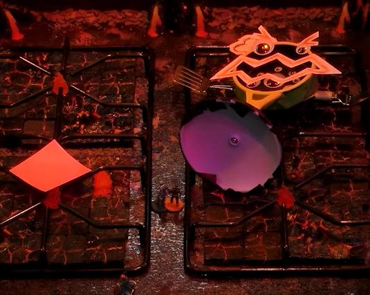 A battlemap that looks like a stovetop. Wok Wok, the giant frying pan creature, lies on its back on the right two burners. Jessep and Kai stand between it and the front left burner, which has a pink sticky note on it. Small flames sprout from each burner. Sky stands at the front edge of the stove. The base of the battlemap looks like magma and the scene is bathed in red light.