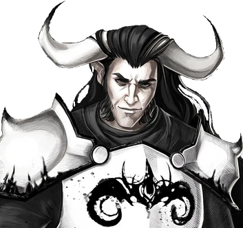 Braius from the chest up. A minotaur entirely in black and white, with white skin and black hair draping over his two large horns which curve upwards from the top of his head. Wearing white plate armor with a black symbol of two curving horns on the chest and staring intensely at the viewer.