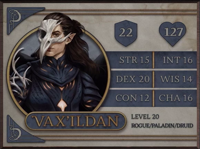 Vax’ildan, class Rogue/Paladin/Druid level 20, with 22 AC, 127 HP, 15 strength, 20 dexterity, 12 constitution, 16 intelligence, 14 wisdom, and 16 charisma. A light-skinned man with long flowing black hair, pointed ears, and a mask made of a large raven skull. His left eye peers out of a gap in the skull directly at the viewer. He wears layered black armor with gaps glowing in pale orange light. Various thin bones are worked into the armor material on his right sleeve.