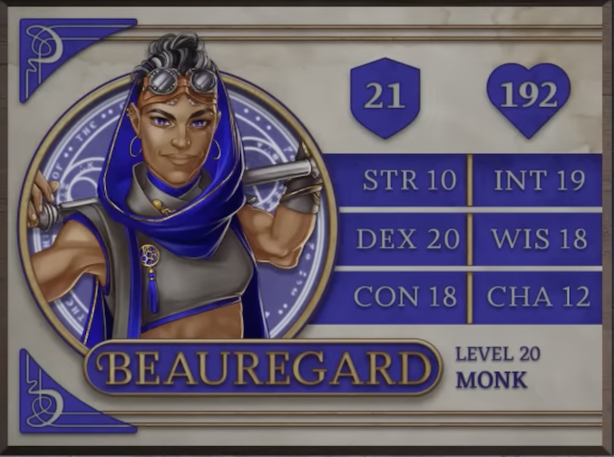 Beauregard, class Monk level 20, with 21 AC, 192 HP, 10 strength, 20 dexterity, 18 constitution, 19 intelligence, 18 wisdom, and 12 charisma. A tan-skinned woman with defined muscles and blue eyes looking directly at the viewer. She wears a gray crop-top with deep blue accents and a single tasseled golden badge pinned to the chest. A loose blue hood partially covers her black hair with streaks of white done up in a bun. A pair of goggles rest on her forehead, and she has a number of piercings including hoop earrings, other earrings higher up on her ears, and a nose ring. She holds a metal staff across her shoulders, her hands resting on it casually.