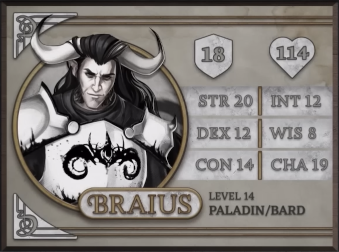 Braius, class Paladin/Bard level 14, with 18 AC, 114 HP, 20 strength, 12 dexterity, 14 constitution, 12 intelligence, 8 wisdom, and 19 charisma. A minotaur entirely in black and white, with white skin and black hair draping over his two large horns which curve upwards from the top of his head. Wearing white plate armor with a black symbol of two curving horns on the chest and staring intensely at the viewer.