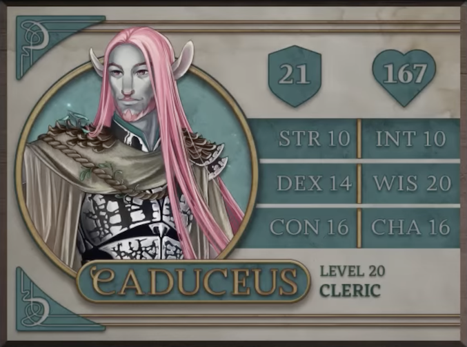 Caduceus, class Cleric level 20, with 21 AC, 167 HP, 10 strength, 14 dexterity, 16 constitution, 10 intelligence, 20 wisdom, and 16 charisma. A paper-white-skinned firbolg man with long straight pink hair stretching down to his stomach and long protruding animal-like ears. He wears white armor cut with jagged dark brown patterns under a shoulder piece of light brown draping fabric, corded rope, bark, and small green sprouts. He looks off to the side thoughtfully.