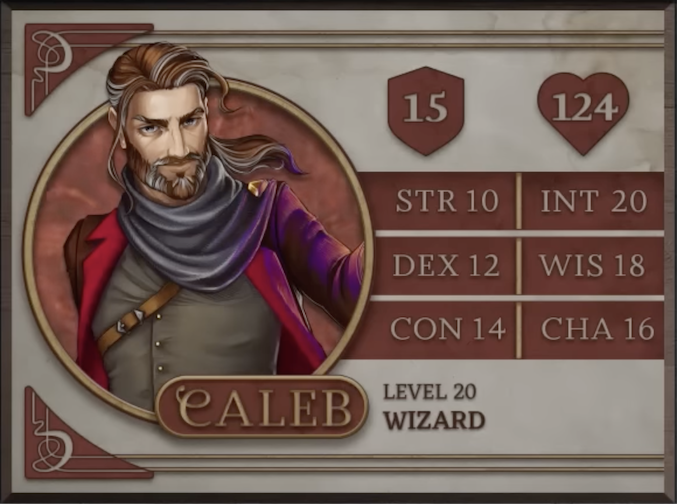 Caleb, class Wizard level 20, with 15 AC, 124 HP, 10 strength, 12 dexterity, 14 constitution, 20 intelligence, 18 wisdom, and 16 charisma. A light-skinned man with brown hair with streaks of white looking directly at the viewer. He wears a gray button up shirt under an open red and brown jacket and gray scarf. His hair flows behind him.