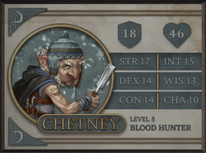 Chetney, class Blood Hunter level 5, with 18 AC, 46 HP, 17 strength, 14 dexterity, 14 constitution, 15 intelligence, 13 wisdom, and 10 charisma. An old gnome man with white skin wearing a brown, blue, and white knit winter cap covering some scars, white shirt, brown leather harness, and black and blue cape. White hair sprouts around his pointed ears, from the side of his jaw, and his eyebrows. He holds a large wood chisel in his right hand, with a number of other wood carving tools strapped to his harness. A tattoo of a crown and the letters “RTA” is near his right shoulder. He glares at the camera.