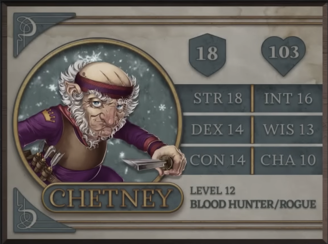 Chetney, class Blood Hunter/Rogue level 12, with 18 AC, 103 HP, 18 strength, 14 dexterity, 14 constitution, 16 intelligence, 13 wisdom, and 10 charisma. An old gnome man with white skin wearing a purple body suit, tan harness, and purple headband. Whispy white hair runs from his chin up to the sides of his head, crossing his face in the form of eyebrows. Three scratches are visible on his bald scalp. The emblem of a golden crown is on his right sleeve near the shoulder, and a set of wood carving tools are at his belt. He wields one of these tools in his left hand.