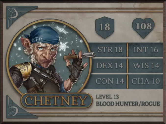 Chetney, class Blood Hunter/Rogue level 13, with 18 AC, 108 HP, 18 strength, 14 dexterity, 14 constitution, 16 intelligence, 14 wisdom, and 10 charisma. An old gnome man with white skin and tight black armor with a gold plate on his right shoulder. Whispy white hair emerges from around his large pointed ears and cheeks. On his head is a blue bandana with the text “RTA” in white on the side. He is holding a sharp woodworking tool in his left hand and others are attached to a bandolier on his armor.