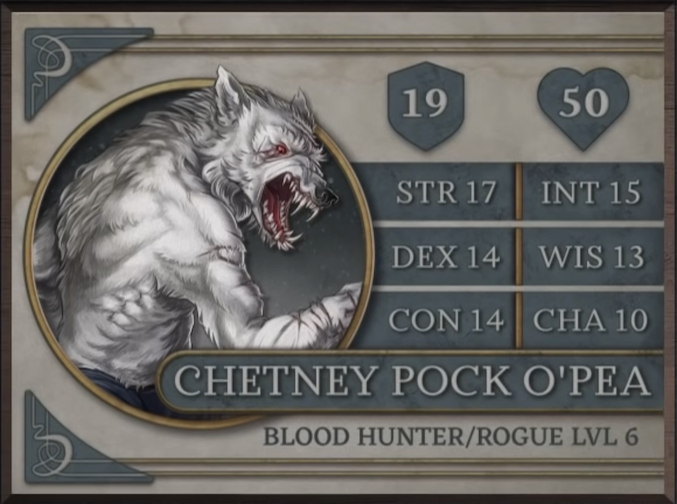 Chetney Pock O’Pea, class Blood Hunter/Rogue level 6, with 19 AC, 50 HP, 17 strength, 14 dexterity, 14 constitution, 15 intelligence, 13 wisdom, and 10 charisma. A bipedal werewolf with white fur and red eyes. He stands with his back partially facing the camera, his muscular, scar-covered right arm extended. His mouth is open, revealing many sharp teeth. While his upper body is bare, his lower half is covered by blue pants.