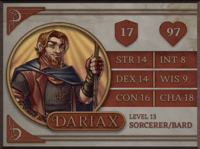 Dariax, class Sorcerer/Bard level 13, with 17 AC, 97 HP, 14 strength, 14 dexterity, 16 constitution, 8 intelligence, 9 wisdom, and 18 charisma. A light-skinned man with short wavy red hair and beard. Wearing a dark gray fabric shirt under a red vest and dark blue cape and holding a staff in his gloved left hand. An emblem of a cross overlaid on a circle hangs over his chest. He smirks confidently towards the viewer.