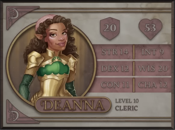 Deanna, class Cleric level 10, with 20 AC, 53 HP, 14 strength, 12 dexterity, 11 constitution, 9 intelligence, 20 wisdom, and 12 charisma. A light-brown-skinned gnomish woman with pointed ears and curly brown hair past her shoulders. She wears a pink knit cap and gold-colored plate and mail armor with green across the chest and forearms. At the top of her chest is a golden sun emblem with a green background.