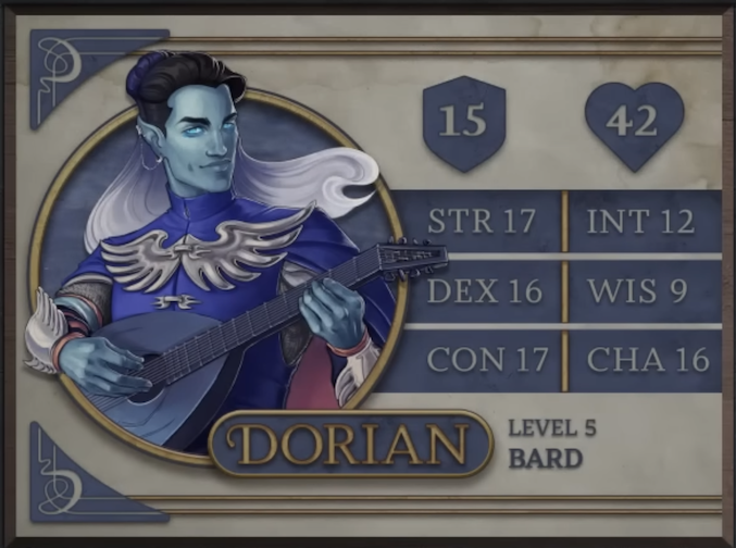 Dorian, class Bard level 5, with 15 AC, 42 HP, 17 strength, 16 dexterity, 17 constitution, 12 intelligence, 9 wisdom, and 16 charisma. An Air Genasi with light blue skin, turquoise eyes, pointy ears, and flowing hair which shifts color from black to blue to white. Wearing a royal blue tunic clasped with a large pair of silver wings which stretch to his shoulders. Playing a dark blue lute. Silver bracers with jagged spikes coming off both sides are around his wrists.