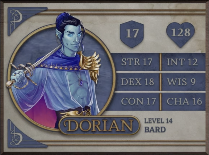 Dorian, class Bard level 14, with 17 AC, 128 HP, 17 strength, 18 dexterity, 17 constitution, 12 intelligence, 9 wisdom, and 16 charisma. An air-genasi with light blue skin, piercing blue eyes, pointy ears, and hair which shifts color from black to blue. Holding a thin blade with a double-circle guard over his right shoulder. Wearing a sheer blue top fully open down the middle, a blue cape with gold triangle accents around the collar and a purple gradient on the inside, and a golden winged left shoulder piece and winged belt buckle. A necklace with two blue gems hangs around his neck.