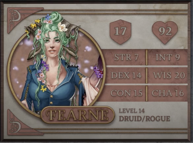 Fearne, class Druid/Rogue level 14, with 17 AC, 92 HP, 7 strength, 14 dexterity, 15 constitution, 9 intelligence, 20 wisdom, and 16 charisma. A fawn woman with white skin. Two curling horns and brown ears emerge from her long, unkempt, seafoam green hair, in which is a collection of flowers. She wears a low-cut blue jacket with gold buttons and a row of three spikes on the left shoulder. A light pink fabric is draped over her raised left arm, which has a bracelet of purple flowers on the wrist.