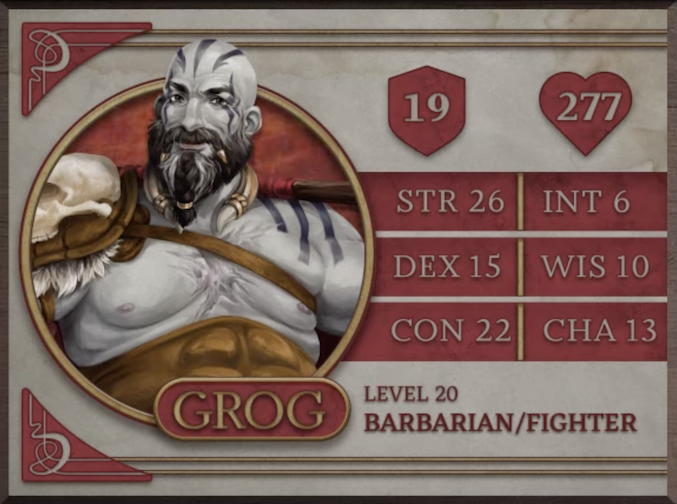 Grog, class Barbarian/Fighter level 20, with 19 AC, 277 HP, 26 strength, 15 dexterity, 22 constitution, 6 intelligence, 10 wisdom, and 13 charisma. A goliath man with pale white skin and black line markings on his bald scalp and left shoulder, looking at the viewer with a subtle kindness in his eyes. He wears minimal armor, just a skull over leather and feathers on his right shoulder and a leather piece with embossed abs over his stomach. He has a braided black beard with white streaks and holds what appears to be a wooden rod with red wrapping over his left shoulder.