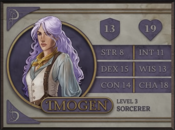 Imogen, class Sorcerer level 3, with 13 AC, 19 HP, 8 strength, 15 dexterity, 14 constitution, 11 intelligence, 13 wisdom, and 18 charisma. A woman with white skin and long, wavy light purple hair. She wears a thin, light blue dress under a tight white vest. A yellow bandana is around her neck. Brown leather suspenders arch over her shoulders.