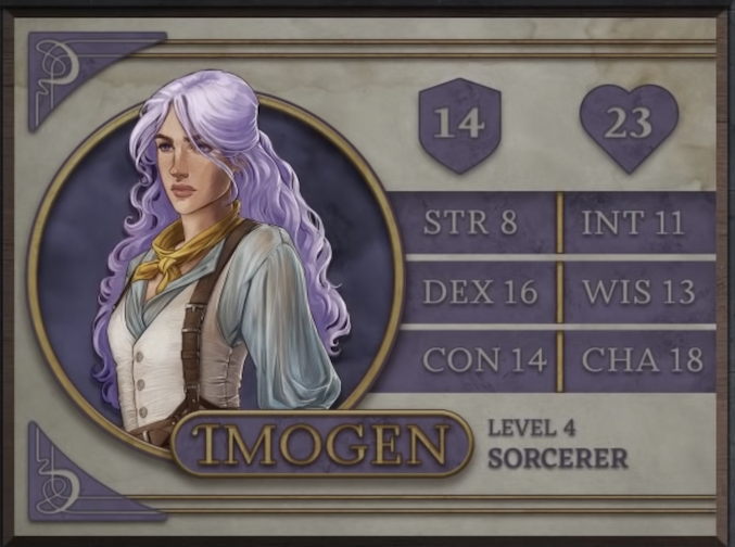 Imogen, class Sorcerer level 4, with 14 AC, 23 HP, 8 strength, 16 dexterity, 14 constitution, 11 intelligence, 13 wisdom, and 18 charisma. A woman with white skin and long, wavy light purple hair. She wears a thin, light blue dress under a tight white vest. A yellow bandana is around her neck. Brown leather suspenders arch over her shoulders.