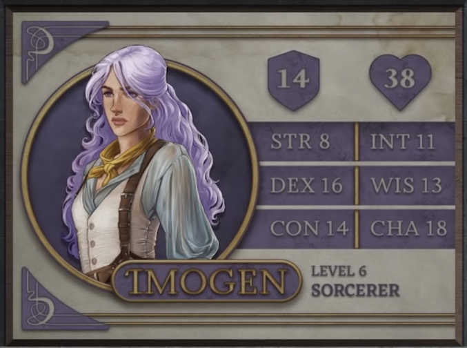 Imogen, class Sorcerer level 6, with 14 AC, 38 HP, 8 strength, 16 dexterity, 14 constitution, 11 intelligence, 13 wisdom, and 18 charisma. A woman with white skin and long, wavy light purple hair. She wears a thin, light blue dress under a tight white vest. A yellow bandana is around her neck. Brown leather suspenders arch over her shoulders.