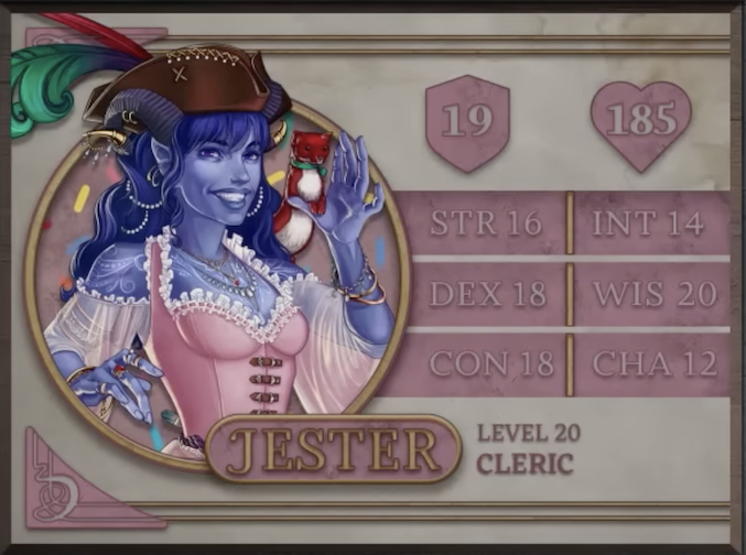 Jester, class Cleric level 20, with 19 AC, 185 HP, 16 strength, 18 dexterity, 18 constitution, 14 intelligence, 20 wisdom, and 12 charisma. A blue-skinned tiefling woman with blue hair and dark purple horns curving out of her head, smiling and looking directly at the viewer. She is dressed in pirate regalia, including a frilly pink bodice with sheer fabric draping across the arms, a brown tri-corner hat with green and red feathers, and a number of rings, bracelets, necklaces, and horn and hair adornments. A red ferret with a green ribbon around its neck sits on her raised left hand. A number of swirling white tattoos cover her upper chest and shoulders.