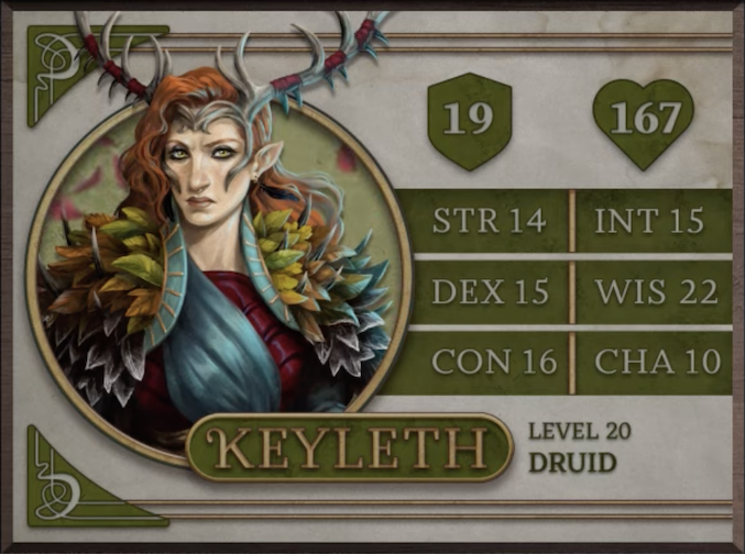 Keyleth, class Druid level 20, with 19 AC, 167 HP, 14 strength, 15 dexterity, 16 constitution, 15 intelligence, 22 wisdom, and 10 charisma. A white-skinned woman with red hair and a crown made of spiky antlers, staring at the viewer with serious, yellow eyes. She wears an elaborate light blue and dark red flowing garment with autumn leaves covering the shoulders.