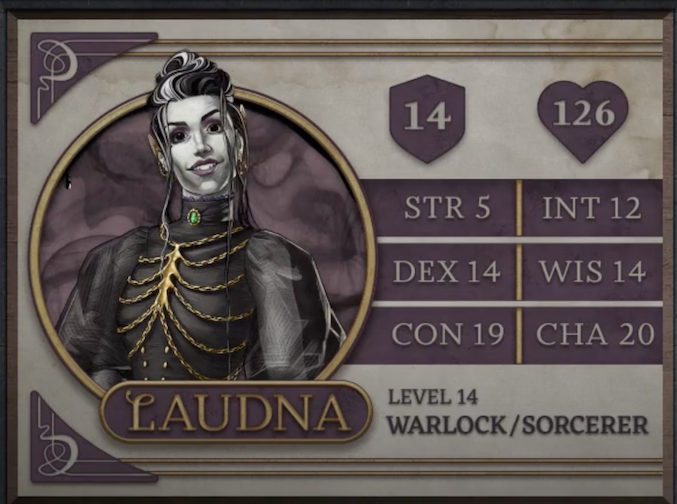 Laudna, class Warlock/Sorcerer level 14, with 14 AC, 126 HP, 5 strength, 14 dexterity, 19 constitution, 12 intelligence, 14 wisdom, and 20 charisma. A paper-pale and thin human woman. Her hair is black with white streaks, done up over her head with several long strands draping down past her chest. She is wearing a black high-necked dress with gauzy sleeves and gold accents in the shape of a ribcage on the front. A green gem sits atop the collar fabric at the base of her neck. Her ears are capped with pointed gold cuffs. She looks directly at the viewer with a rigid smile.