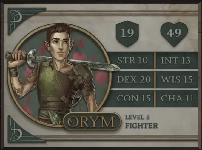 Orym, class Fighter level 5, with 19 AC, 49 HP, 10 strength, 20 dexterity, 15 constitution, 13 intelligence, 15 wisdom, and 11 charisma. A halfling man with light skin and short-cut brown hair. He wears green armor with heavy coverage on his left shoulder and his right arm fully exposed, revealing a number of tattoos in swirling circular patterns. He stands heroically with his sword in his right hand across his shoulders. The sword has a heavy metal hilt and intricate carvings of leaves on the pommel, hilt, and along the center of the blade.