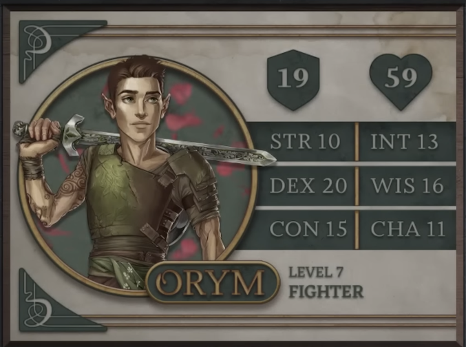 Orym, class Fighter level 7, with 19 AC, 59 HP, 10 strength, 20 dexterity, 15 constitution, 13 intelligence, 16 wisdom, and 11 charisma. A halfling man with light skin and short-cut brown hair. He wears green armor with heavy coverage on his left shoulder and his right arm fully exposed, revealing a number of tattoos in swirling circular patterns. He stands heroically with his sword in his right hand across his shoulders. The sword has a heavy metal hilt and intricate carvings of leaves on the pommel, hilt, and along the center of the blade.