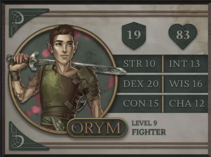 Orym, class Fighter level 9, with 19 AC, 83 HP, 10 strength, 20 dexterity, 15 constitution, 13 intelligence, 16 wisdom, and 12 charisma. A halfling man with light skin and short-cut brown hair. He wears green armor with heavy coverage on his left shoulder and his right arm fully exposed, revealing a number of tattoos in swirling circular patterns. He stands heroically with his sword in his right hand across his shoulders. The sword has a heavy metal hilt and intricate carvings of leaves on the pommel, hilt, and along the center of the blade.