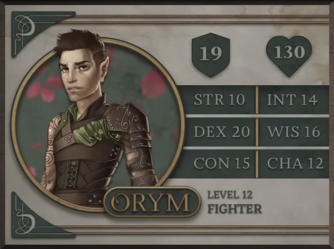 Orym, class Fighter level 12, with 19 AC, 130 HP, 10 strength, 20 dexterity, 15 constitution, 14 intelligence, 16 wisdom, and 12 charisma. A halfling man with tan skin and brown hair cut close at the sides and spiking forward on top. Two scars are visible above his right eye as he looks to the side with a haunted expression. He is wearing brown leather armor with green fabric accents embroidered with white flowers. A few brown armored plates with swirling engraved designs cover his left shoulder. Laces over his stomach secure the corset-like piece of armor around his waist. His toned right arm is mostly bare, revealing a number of tattoos in swirling circular patterns.