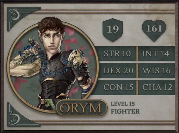 Orym, class Fighter level 15, with 19 AC, 161 HP, 10 strength, 20 dexterity, 15 constitution, 14 intelligence, 16 wisdom, and 12 charisma. A halfling man with white skin and brown curly hair cut short. Vertical scars are visible above his right eye as he stares to the left with his right hand on the hilt of his sword behind his back. He wears tight black armor with gold accents covered in blue-leafed vines which wrap around the hand gripping his sword. His toned right arm is mostly bare, revealing a number of tattoos in swirling circular patterns.