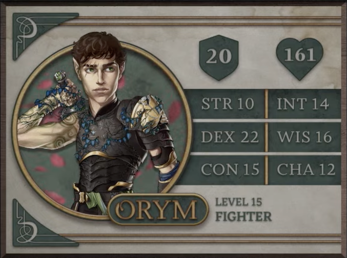 Orym, class Fighter level 15, with 20 AC, 161 HP, 10 strength, 22 dexterity, 15 constitution, 14 intelligence, 16 wisdom, and 12 charisma. A halfling man with white skin and brown curly hair cut short. Vertical scars are visible above his right eye as he stares to the left with his right hand on the hilt of his sword behind his back. He wears tight black armor with gold accents covered in blue-leafed vines which wrap around the hand gripping his sword. His toned right arm is mostly bare, revealing a number of tattoos in swirling circular patterns.