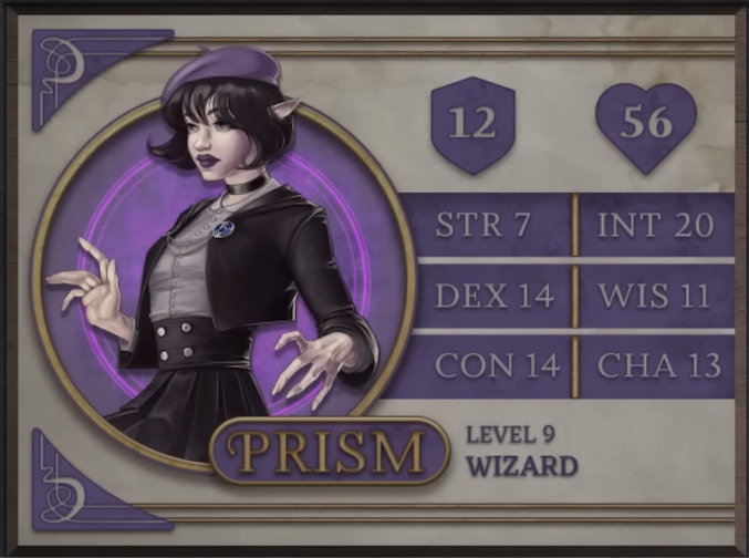 Prism, class Wizard level 9, with 12 AC, 56 HP, 7 strength, 14 dexterity, 14 constitution, 20 intelligence, 11 wisdom, and 13 charisma. A pale-skinned woman with pointy ears and chin-length black hair curling forward on either side. She wears a purple beret, black choker, black lipstick, light-gray blouse, short open black jacket clasped with two chains and a button, black studded belt, and black skirt. Her fingers are flexed and tensed.