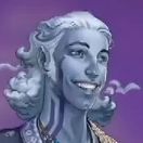 A headshot of Ethel Rivergold. A goliath with light blue skin, white hair, and dark blue lines running up his neck onto his cheek. The edge of an ornate fabric collar is just visible. He smiles pleasantly.