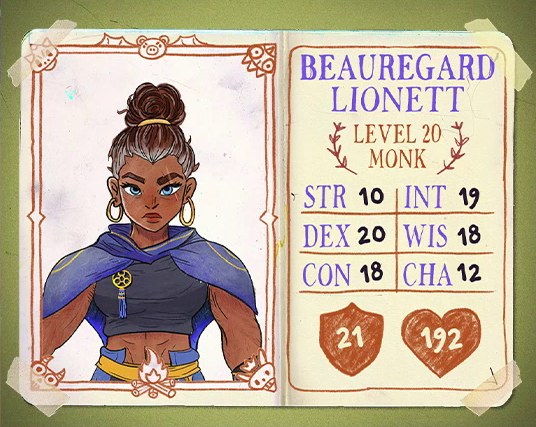 A character card in a simple flat drawing style for Beauregard Lionett, level 20 Monk, with 10 strength, 20 dexterity, 18 constitution, 19 intelligence, 18 wisdom, 12 charisma, 21 AC, and 192 HP. A dark-skinned woman with her brown hair up in a bun, wearing a blue cape over a tight navy crop-top partially covering her well-defined musculature. Her clothing has gold accents on the shoulders and belt. She has hoop earrings and a tasseled golden badge is pinned to her chest. She looks directly at the viewer with her blue eyes, a light scar over the left one.