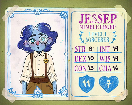 A character card in a simple flat drawing style for Jessep Nimblethorp, level 1 Sorcerer, with 8 strength, 10 dexterity, 13 constitution, 14 intelligence, 14 wisdom, 16 charisma, 11 AC, and 7 HP. A teenage girl with blue skin and darker blue hair, bearing a monocle over her left eye. Her eyes are large and sky-blue and her nose and ears are tipped with pink. She wears a tan button-up shirt with the sleeves rolled up and brown pants held up by a pair of suspenders. A “WMW” badge is pinned to the left suspender strap. She looks directly at the viewer.