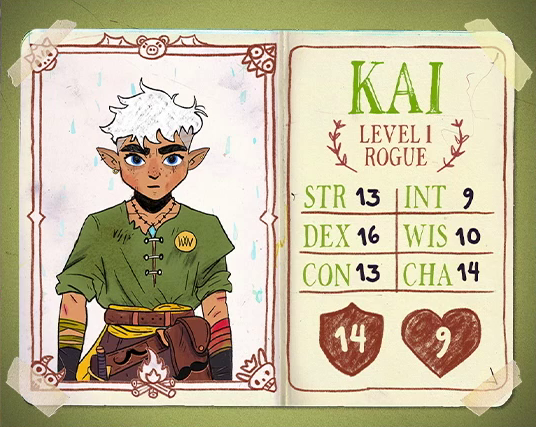 A character card in a simple flat drawing style for Kai, level 1 Rogue, with 13 strength, 16 dexterity, 13 constitution, 9 intelligence, 10 wisdom, 14 charisma, 14 AC, and 9 HP. A half-elven teenage boy with stark white hair shaved on the sides wearing a green tunic tucked into a belt. A number of pouches are tied at his waist alongside a dagger and two fake moustaches. His arms are wrapped in green and red cloth. He wears a necklace with a blue diamond on the end, an earring in his right ear, and bears a “WMW” badge on his chest. He looks directly at the viewer with his blue eyes.