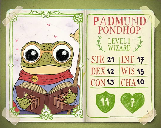 A character card in a simple flat drawing style for Padmund Pondhop, level 1 Wizard, with 21 strength, 12 dexterity, 13 constitution, 17 intelligence, 15 wisdom, 10 charisma, 11 AC, and 7 HP. A bullywug teenage boy with green skin, a frog-like face, and huge eyes behind golden spectacles. He wears a red cape with a “WMW” badge pinned to the neck and a blue robe underneath. He holds a large book in his webbed hands bearing the logo of the Mighty Nein (an “M” and “N” struck through with a sword). A wooden staff rests in the crook of his left arm. He looks down at the book.