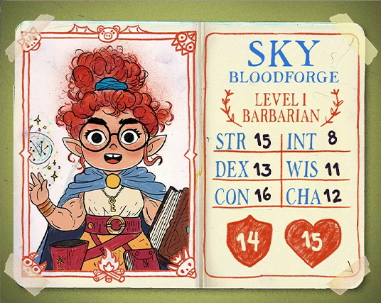 A character card in a simple flat drawing style for Sky Bloodforge, level 1 Barbarian, with 15 strength, 13 dexterity, 16 constitution, 8 intelligence, 11 wisdom, 12 charisma, 14 AC, and 15 HP. A halfling teenage girl with curly red hair tied up in a bun and large circular glasses. She wears a blue cape clasped with a golden circle, a key on a necklace, a sleeveless white shirt showing massive arm muscles, and a red and yellow skirt under a thick belt. She carries a small book on her leg and a larger one in her left hand, seeming to cast some sort of spell with her right hand. She looks directly at the viewer.