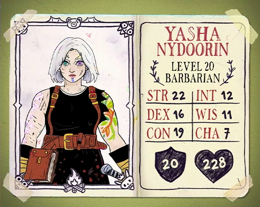 A character card in a simple flat drawing style for Yasha Nydoorin, level 20 Barbarian, with 22 strength, 16 dexterity, 19 constitution, 12 intelligence, 11 wisdom, 7 charisma, 20 AC, and 228 HP. A paper-pale aasimar woman with white hair wearing a sleeveless black top and black pants under a brown leather harness. Her right eye is turquoise and her left eye is purple. Her face is covered in scars. Her right arm has purple runic markings on it and her left arm has tattoos of foliage. A book hangs from her belt, and she carries a sword in her left hand. She looks directly at the viewer.