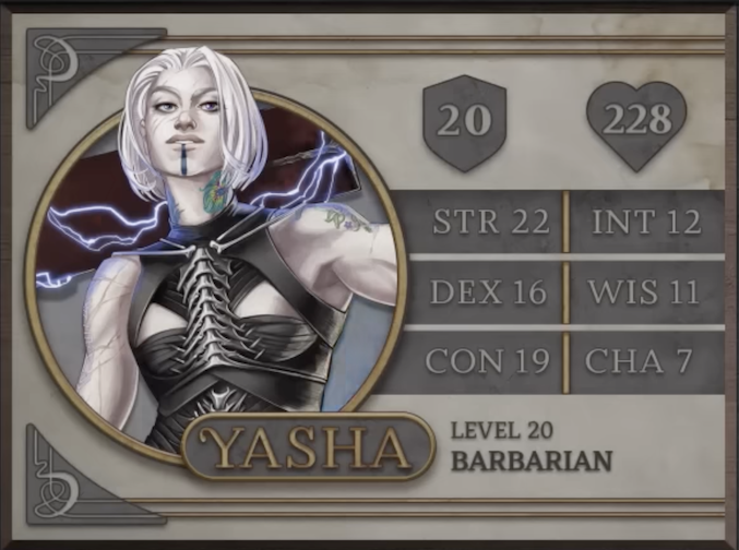 Yasha, class Barbarian level 20, with 20 AC, 228 HP, 22 strength, 16 dexterity, 19 constitution, 12 intelligence, 11 wisdom, and 7 charisma. A paper-pale aasimar woman with short white hair looking directly at the viewer with one blue eye and one purple eye. She wears a black sleeveless harness-like top with something appearing to be spinal bones over the center of her chest. A blue inked stripe stretches from her bottom lip to her chin, and she sports a green feather tattoo on her neck and flowers and vines on her left arm. Many scars cross her right arm. She holds a wide sword of brown metal horizonally across her back.