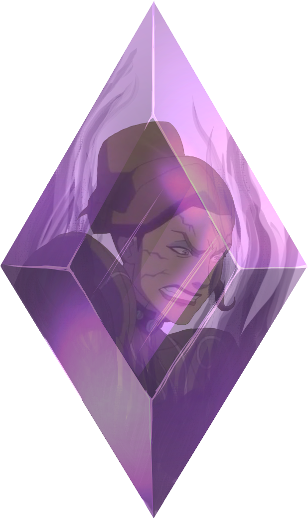 Delilah clenching her teeth in anger trapped within a four-sided purple crystal. Discoloration spreads through the veins on her face. The image of Delilah is from The Legend of Vox Machina.