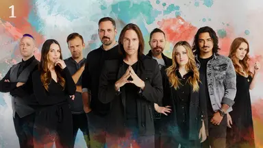 Thumbnail for episode 1. A group photo of Taliesin, Laura, Liam, Travis, Matt, Sam, Ashley, Robbie Daymond, and Marisha. Matt stands in front, his fingers steepled. They are dressed in black and gray and stand against a colorful backdrop with splashes of reds and greens over white